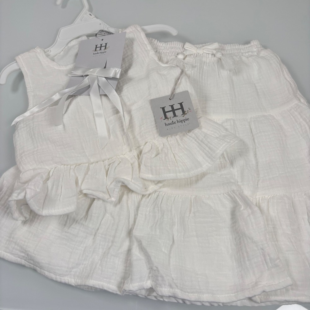 Haute Hippie Kids 3T White 3pc Set NEW Gauze Peplum Top Tiered Skirt Boho